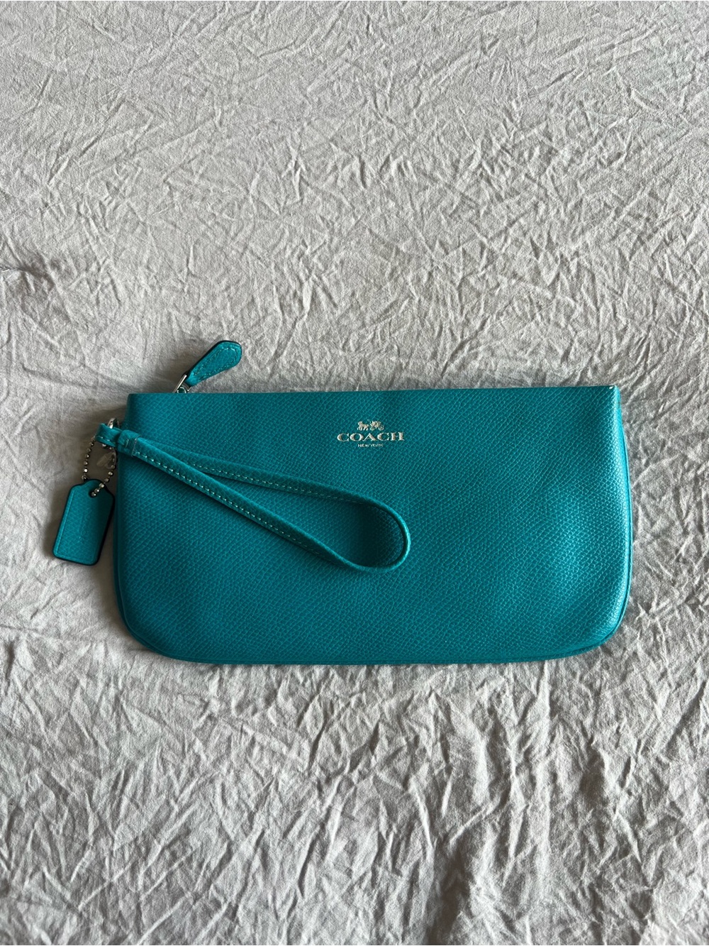 Coach Teal Leather Zip Wristlet with Logo